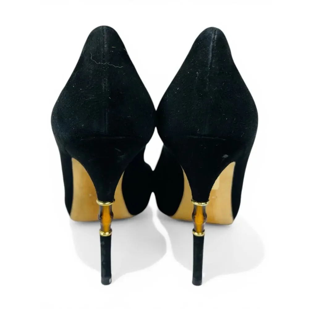 Gucci Black Suede Peep Toe Bamboo Stiletto Heels EU 39.5 Platform Pumps With Box - Picture 3 of 6